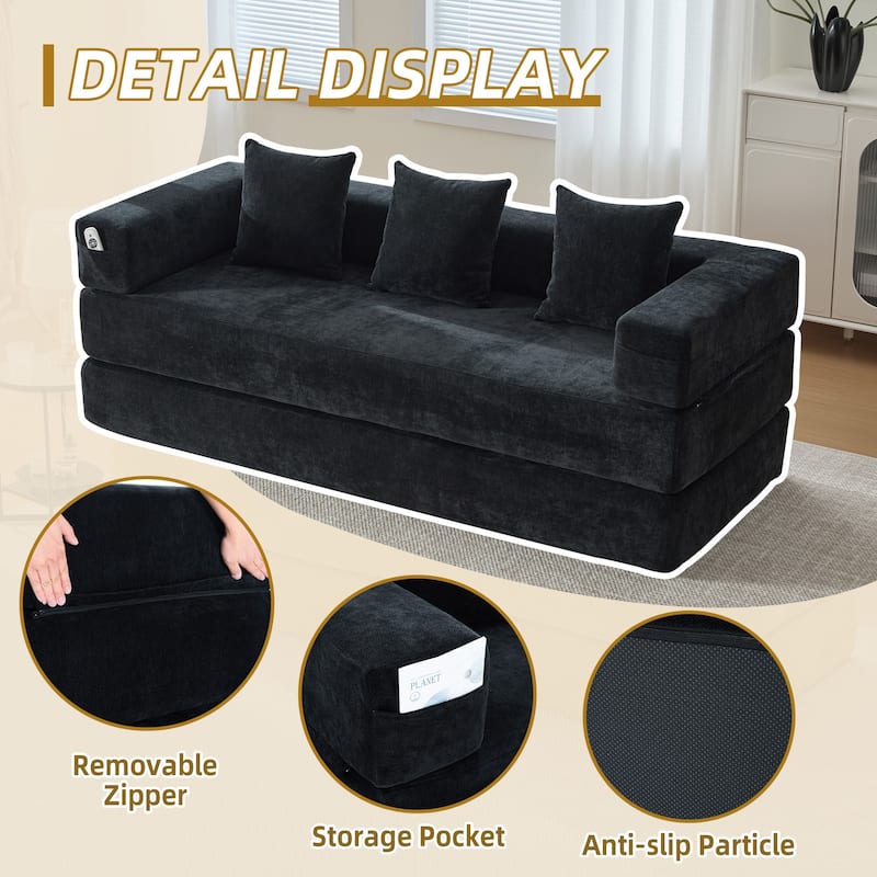 GALDWIN Chenille Upholstered Convertible Folding Sofa Bed with Pillows for Living Room