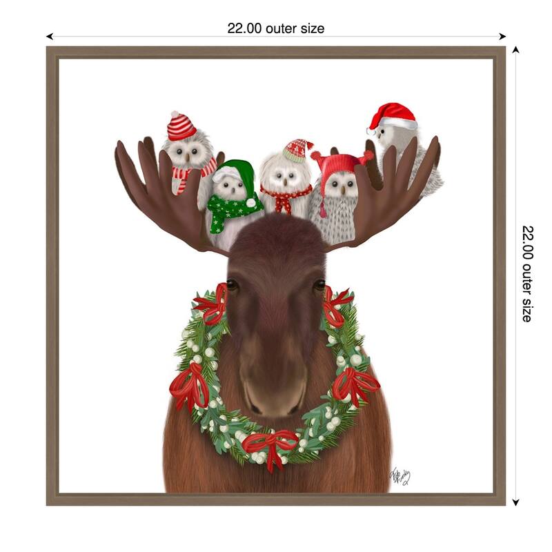 Christmas Moose and Christmas Owls Forward by Fab Funky (22 x 22 in.), Framed Canvas Wall Art Print - Sylvie Dark Gold