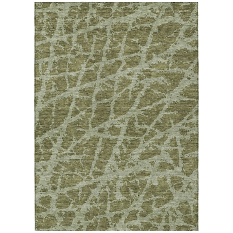 Machine Washable Indoor/ Outdoor Transitional Olive Crackle Chantille Rug