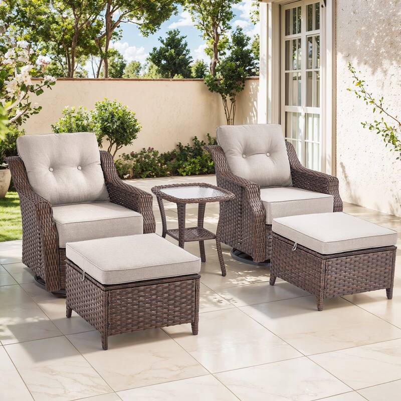 Gymojoy 5-Piece Wicker Patio Furniture Set, 6-Inch Ultra Thick Cushioned 360° Swivel Glider Chairs - Brown Wicker / Beige Cusion - 5-Piece