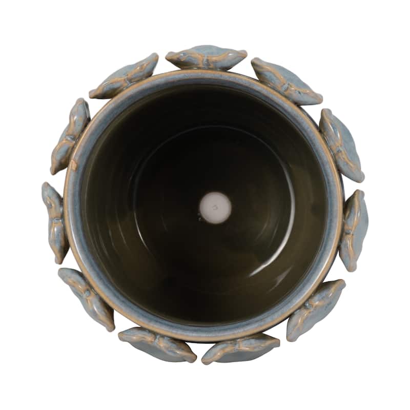 Stoneware Ceramic Planter Handcrafted Sculpted Leaf Embellishments