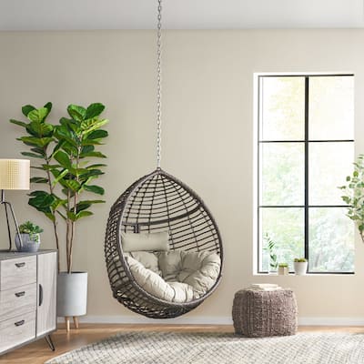 Rattan Egg Chair Teardrop Hanging Basket Chair with Water-Resistant Tufted Cushion & Suspension Chain Wicker Swing Chair
