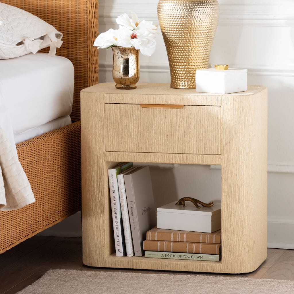 Beauford Grasscloth 1-Drawer Nightstand with Open Shelf - Woven Texture Bedside Table with Rounded Corners and Gold Handle