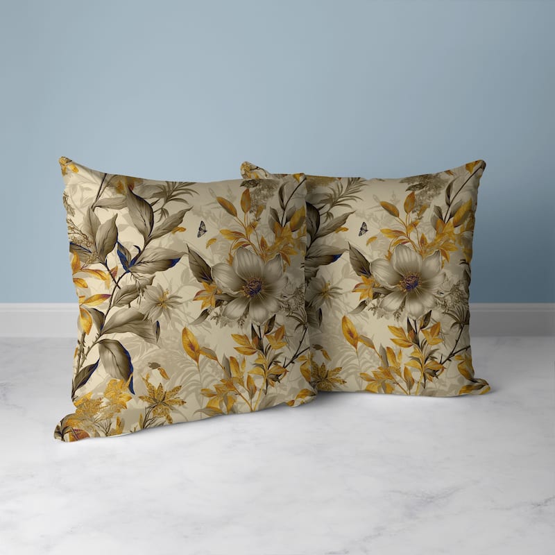 Exquisite Floral Breeze Faux Suede Reversible Throw Pillow Gold and Vanilla
