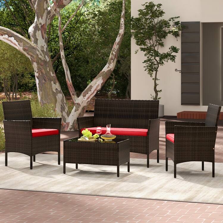 4 Piece Outdoor Rattan Patio Set with Cushions and Glass Table - 39.5" x 22.5" x 32"