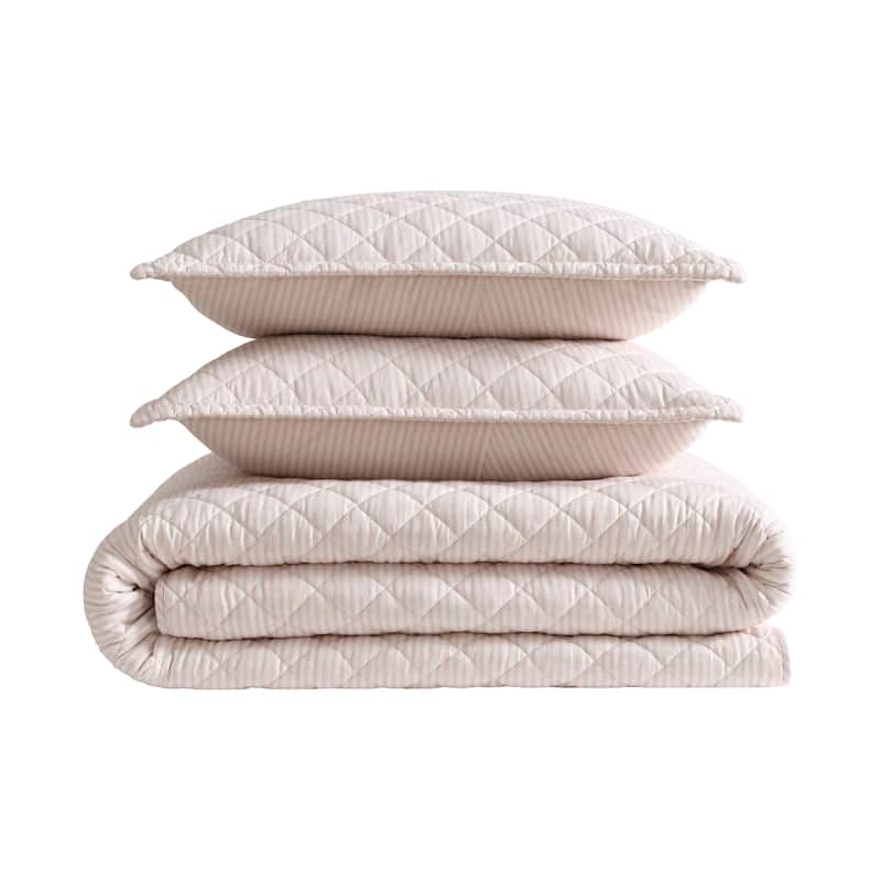 Laura Ashley Tessas Ticking Stripe Cotton Reversible Red Quilt Set