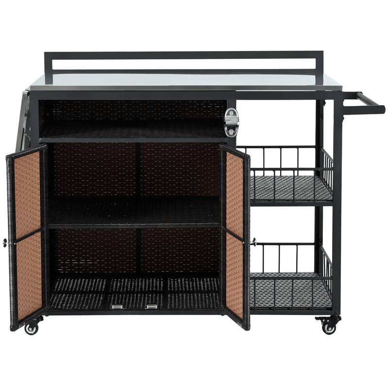 Roomfitters 63.5" Outdoor Kitchen Island Grill Cart with Foldable Side Tabletop and Ample Storage, Dark Brown