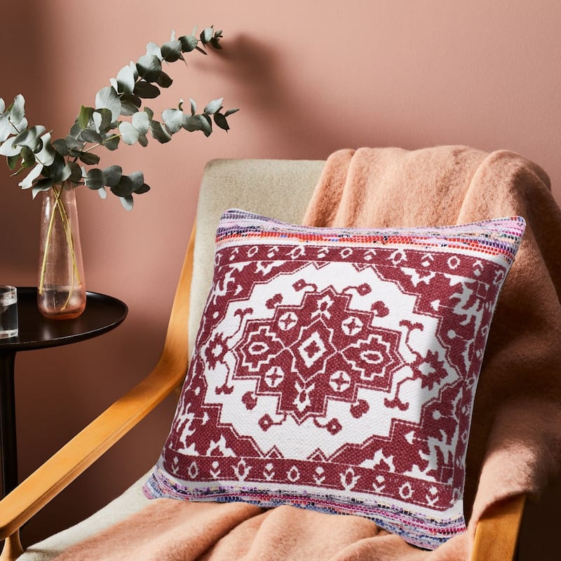 HomeRoots 20" X 20" Red White Purple And Pink 100% Cotton Geometric Zippered Pillow
