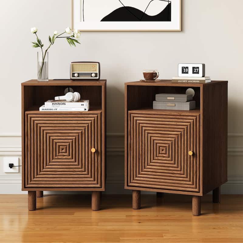 Nightstand Set of 2 with Charging Station and Solid Wood Legs - Brown