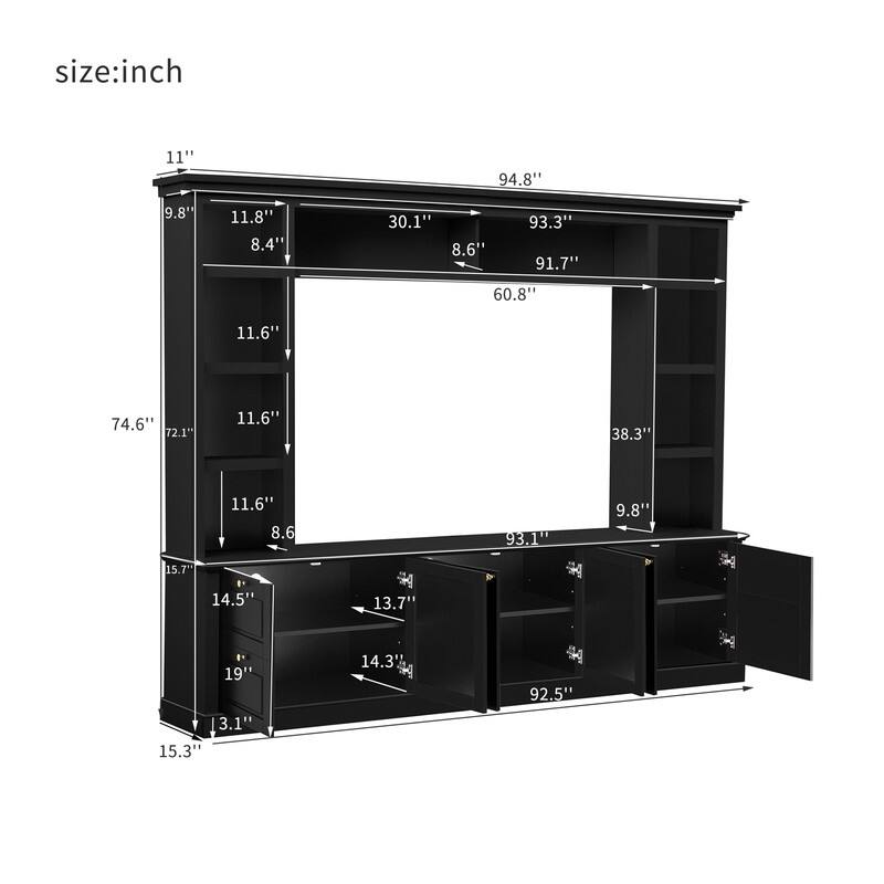 Mid-Century Modern Wall Unit Entertainment Center With Bookshelf For Tvs Up To 70", 94.8" TV Stand With Adjustable Shelf