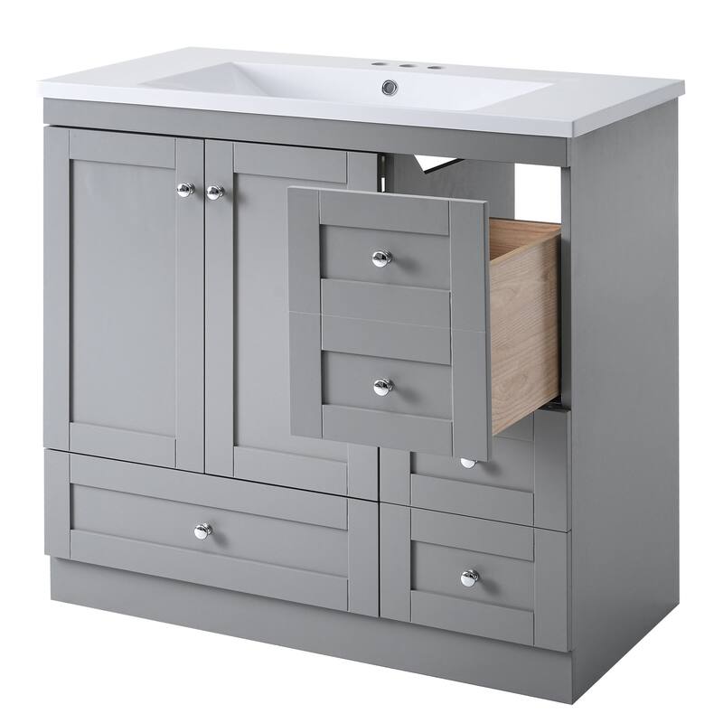 GDFStudio - Vega Wood & Ceramic 36" Shaker Style Bathroom Vanity with Sink, 4 Drawers & 2 Doors