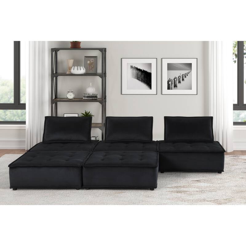 120" Black Velvet 5 Pc Sofa Ottoman
