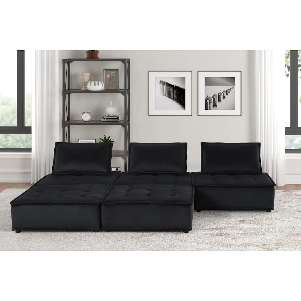 120" Black Velvet 5 Pc Sofa Ottoman