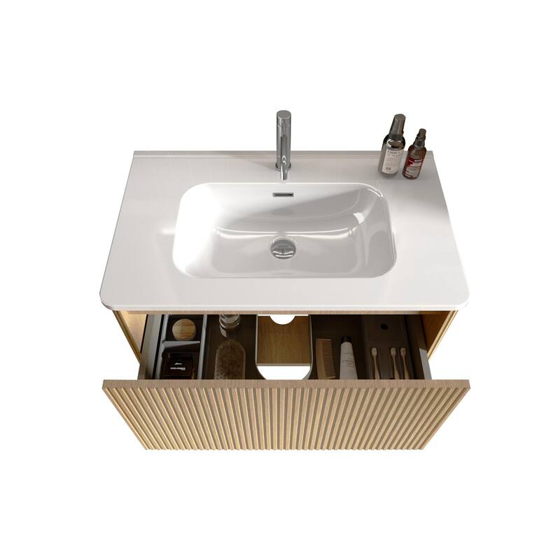 24 Inch Striped Walnut Bathroom Vanity with White Ceramic Sink,Wall Mounted Floating Bathroom Vanity for Modern Bathroom
