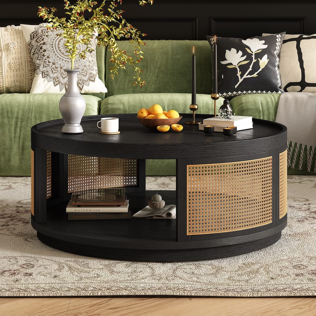 36.8" Wooden Mid-Century Modern Coffee Table with Storage, Round Cane Coffee Table with PE Rattan Side for Living Room