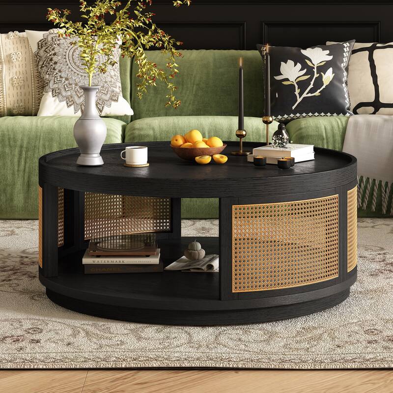 Mid-Century Modern Wooden Coffee Table Round Rattan Coffee Table with PE Rattan Edge, for Living Room, Brown - Black