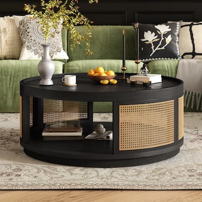 Wooden Mid-Century Modern Coffee Table, Round Cane Coffee Table With Pe Rattan Side