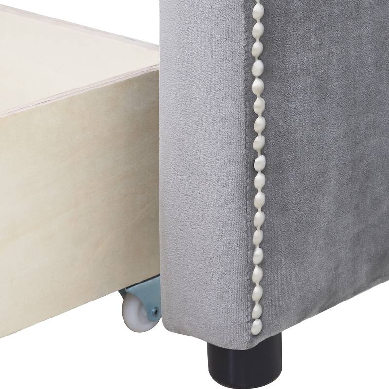 Upholstered Twin Daybed with Storage Drawers, Velvet Fabric, Wood Frame, Space-Saving Bed for Bedroom or Guest Room