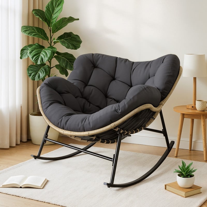 FINCATI Outdoor Rocking Papasan Chair, Rocking Chair Outdoor, 450 lbs Indoor Oversized Rocking Papasan, Comfy Rocking Egg Chair