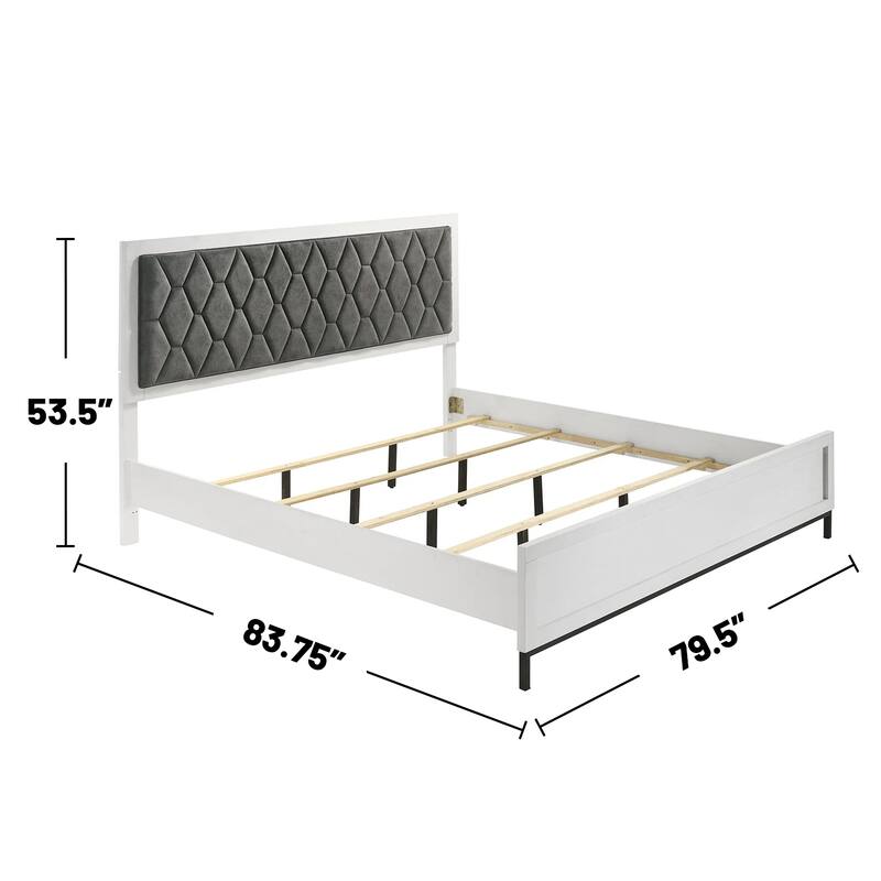 Upholstered Panel Bed with Tufting Headboard in White and Dark Grey