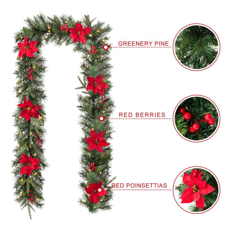 Glitzhome 9ft Pre-Lit Greenery Pine Berries Christmas Garland with Timer