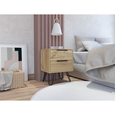Two Drawers Nightstand, Living Room Bedroom, Desk Cabinet, Hairpin Legs