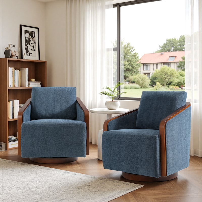 Chenille Modern 360°Swivel Barrel Chair Wood Base (Set of 2) - Navy