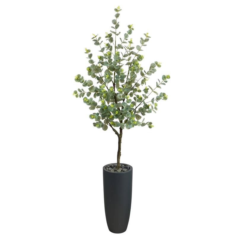 Eucalyptus Artificial Tree with Planter - 5ft Faux Tree Indoor Decor Gray Pot - Green - 61 Inches and Over