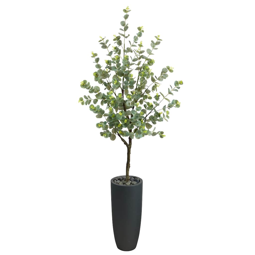 Eucalyptus Artificial Tree with Planter - 5ft Faux Tree Indoor Decor Gray Pot - Green - 61 Inches and Over