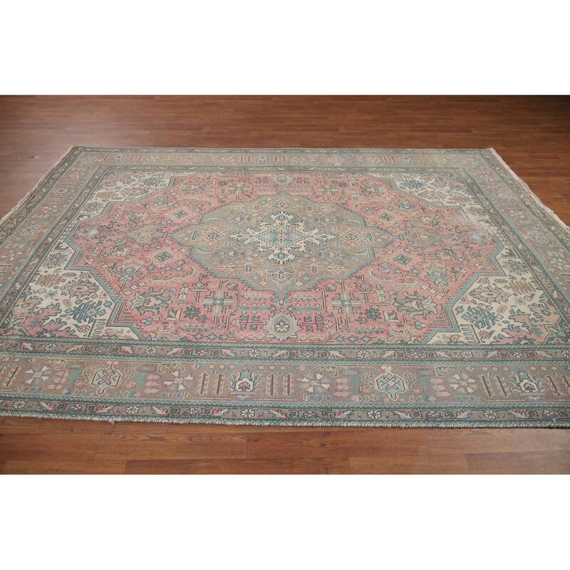 Hand Knotted Oriental 100% Wool Carpet Traditional Medallion Pink Tabriz Area Rug - 9' 7'' X 6' 7''