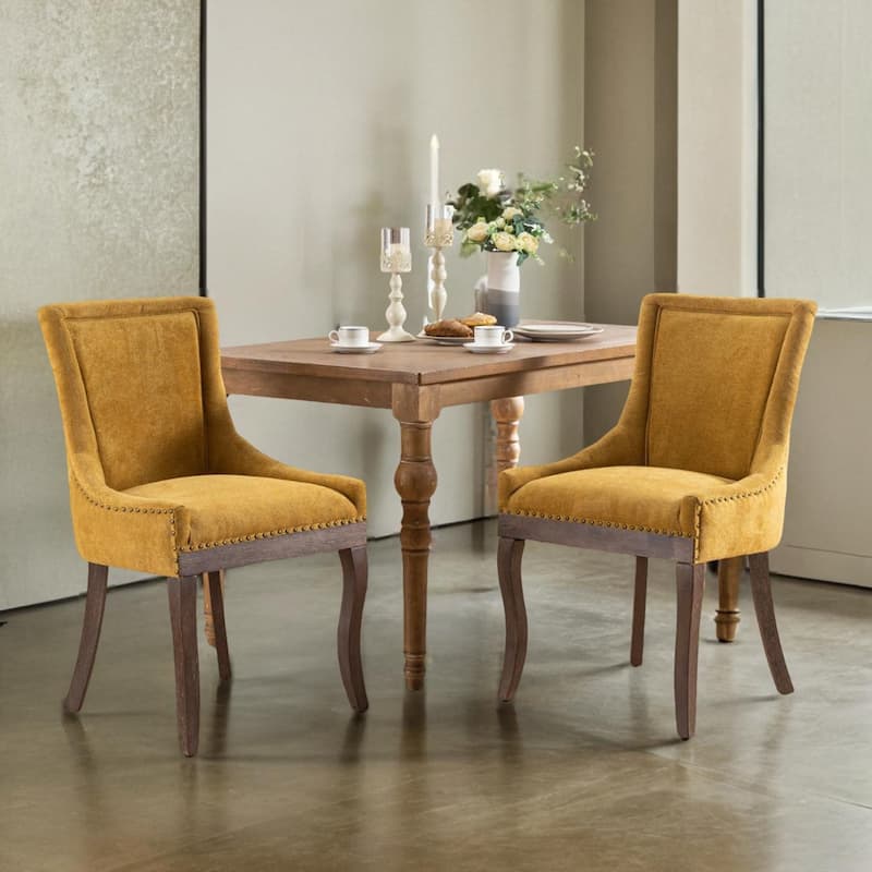 Ultra Side Dining Chair,Thickened fabric chairs with neutrally toned solid wood legs,Bronze nail head,Set of 2 - Golden
