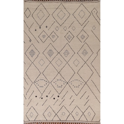 Geometric Beige / Ivory Moroccan Oriental Rug Handmade Wool Carpet - 6'0"x 9'8"
