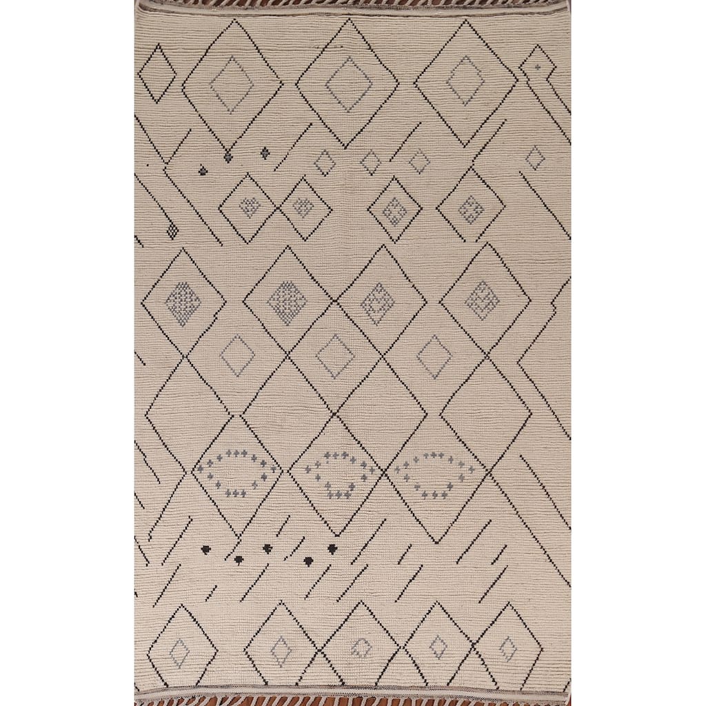 Geometric Beige / Ivory Moroccan Oriental Rug Handmade Wool Carpet - 6'0"x 9'8"