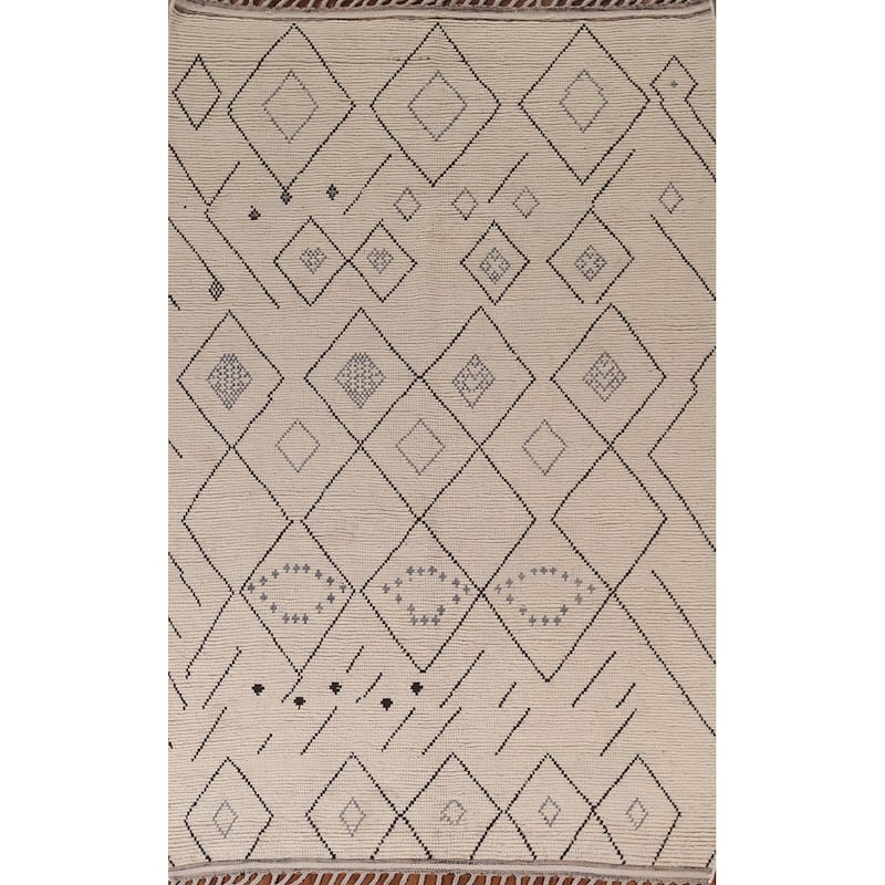 Geometric Beige / Ivory Moroccan Oriental Rug Handmade Wool Carpet - 6'0"x 9'8"