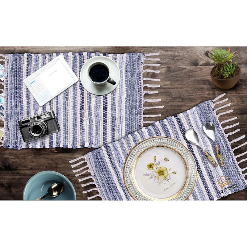 100% Cotton Woven Placemats for Dining Room Rectangle 14''x20'' with Fringes | Set of 6 | Washable - Denim