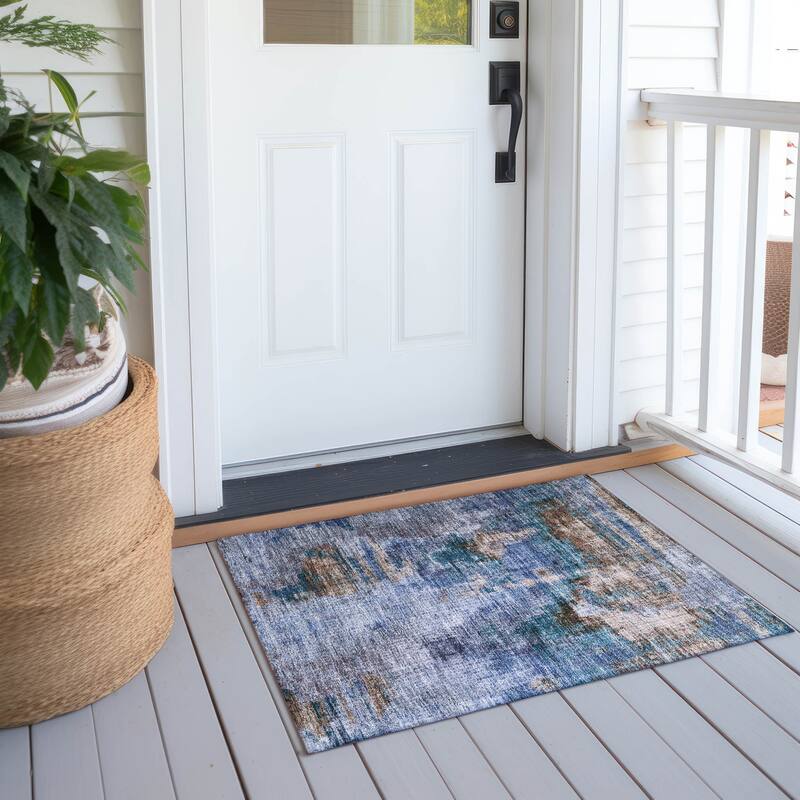 Machine Washable Indoor/ Outdoor Abstact Contemporary Chantille Rug - Blue - 1'8" x 2'6"