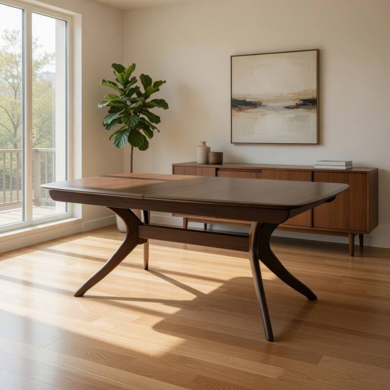 Viki 82-102 Inch Dining Table, Curved Legs Extendable Brown Solid Wood