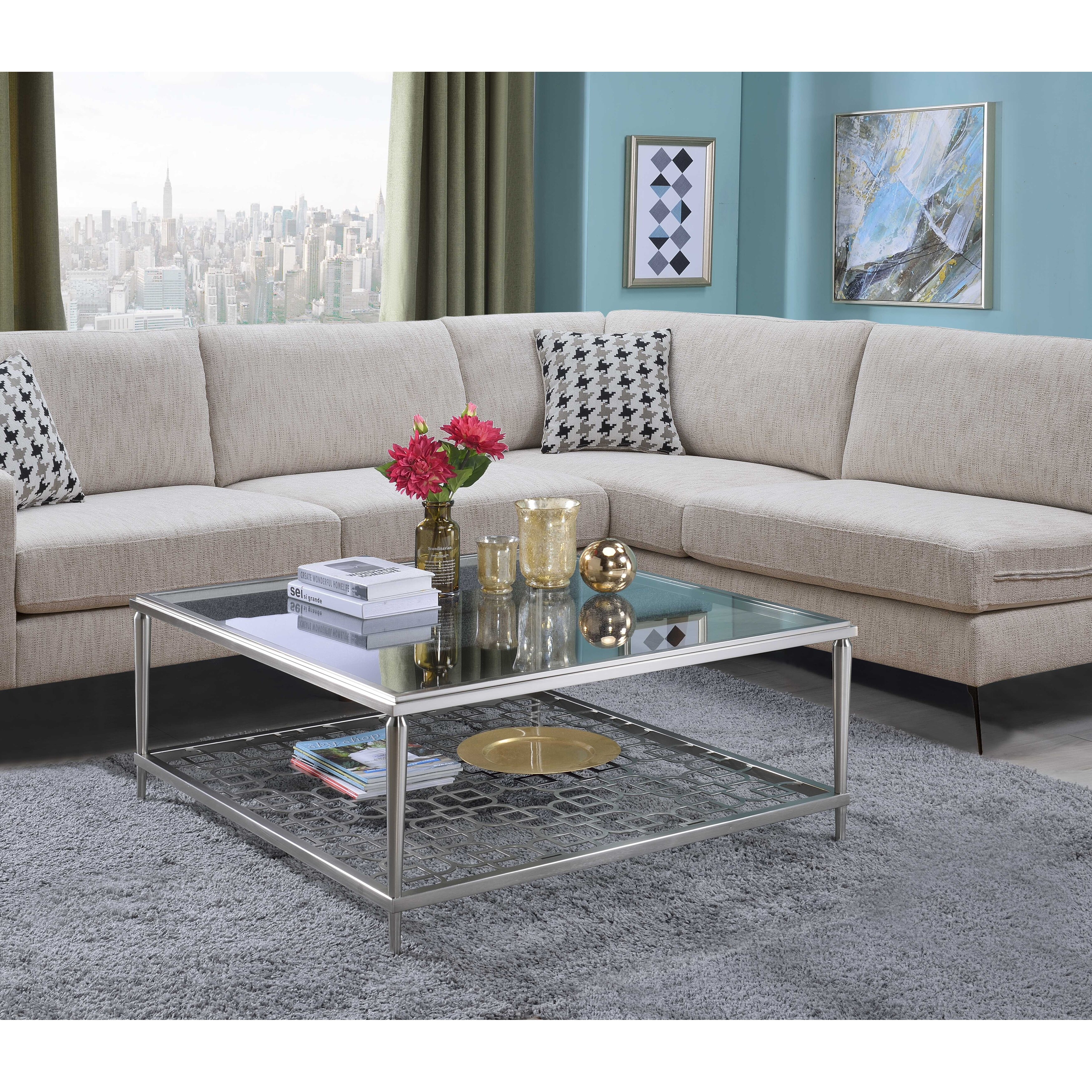 ACME Naiya Coffee Table, Nickel & Clear Glass
