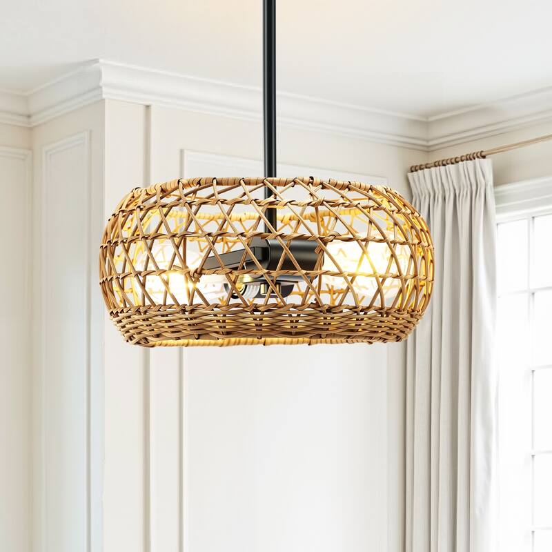 2-Light Boho Hand Woven Rattan Chandeliers Pendant Light - Brown