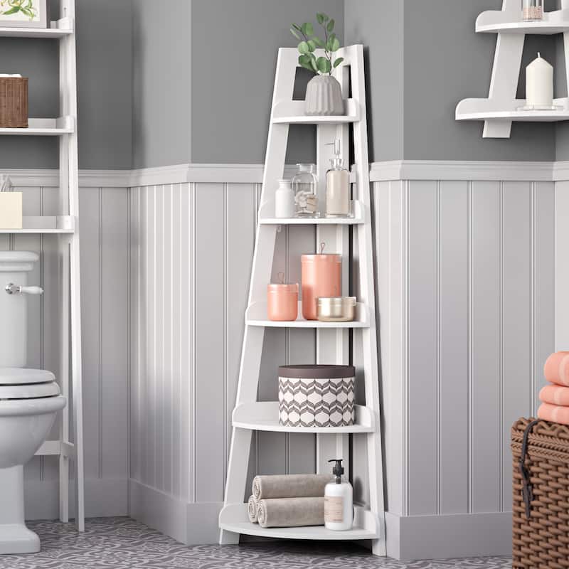 RiverRidge Amery 5-Tier Tall Corner Ladder Shelf Tower with Display Shelf and Corner Storage for Bathroom, Living Room, Office - White