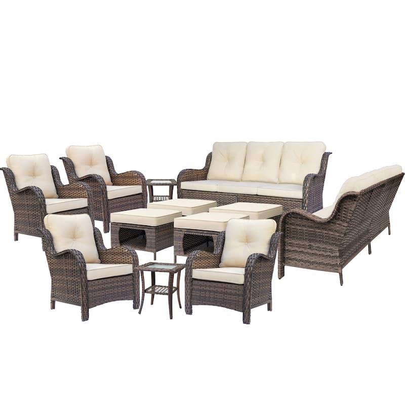 Brown Wicker Outdoor Patio Conversation Seating Sets with Beige Cushions