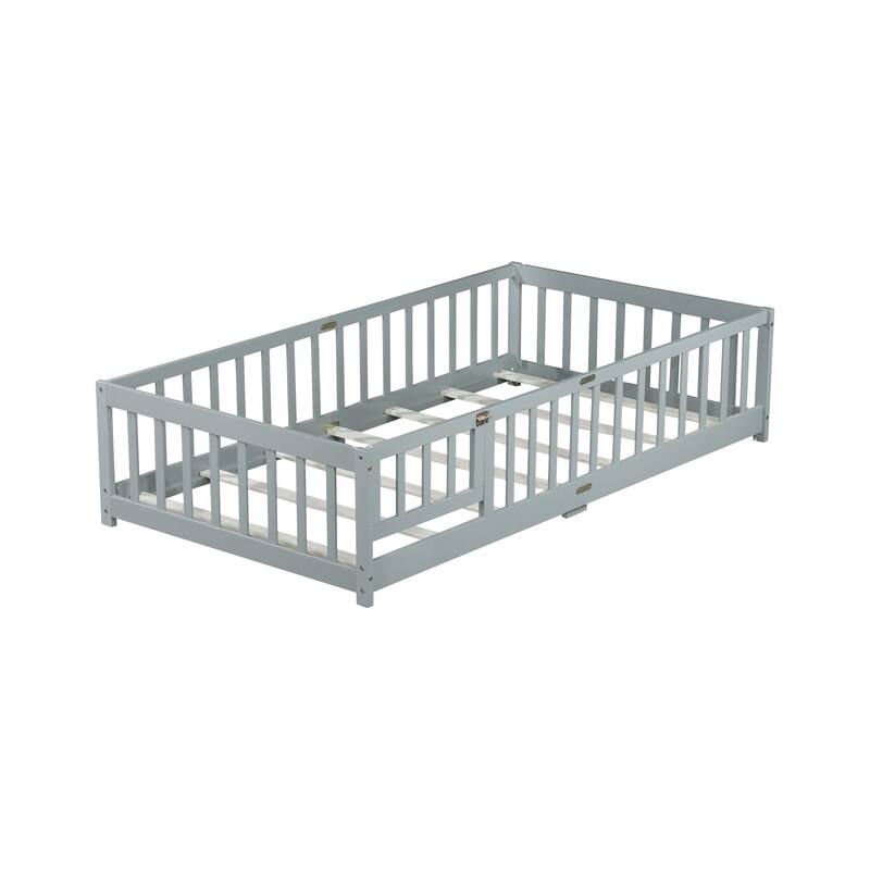 Roomfitters Twin/Full/Queen Rubber Wood Floor Bed with Fence and Swing Door, Safety Guardrails, Low Profile Design