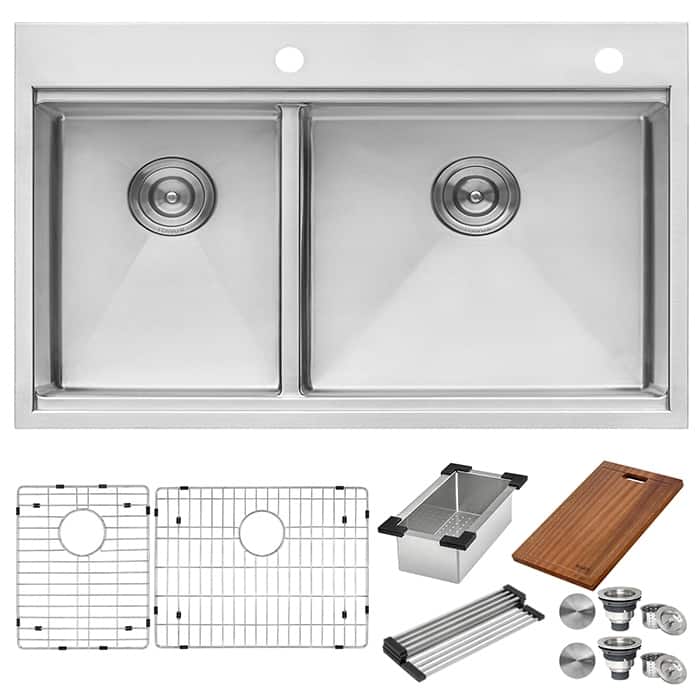 Ruvati 33 x 22 inch Workstation Drop-in 40/60 Double Bowl Topmount Rounded Corners Kitchen Sink - 33 x 22 - 33 x 22