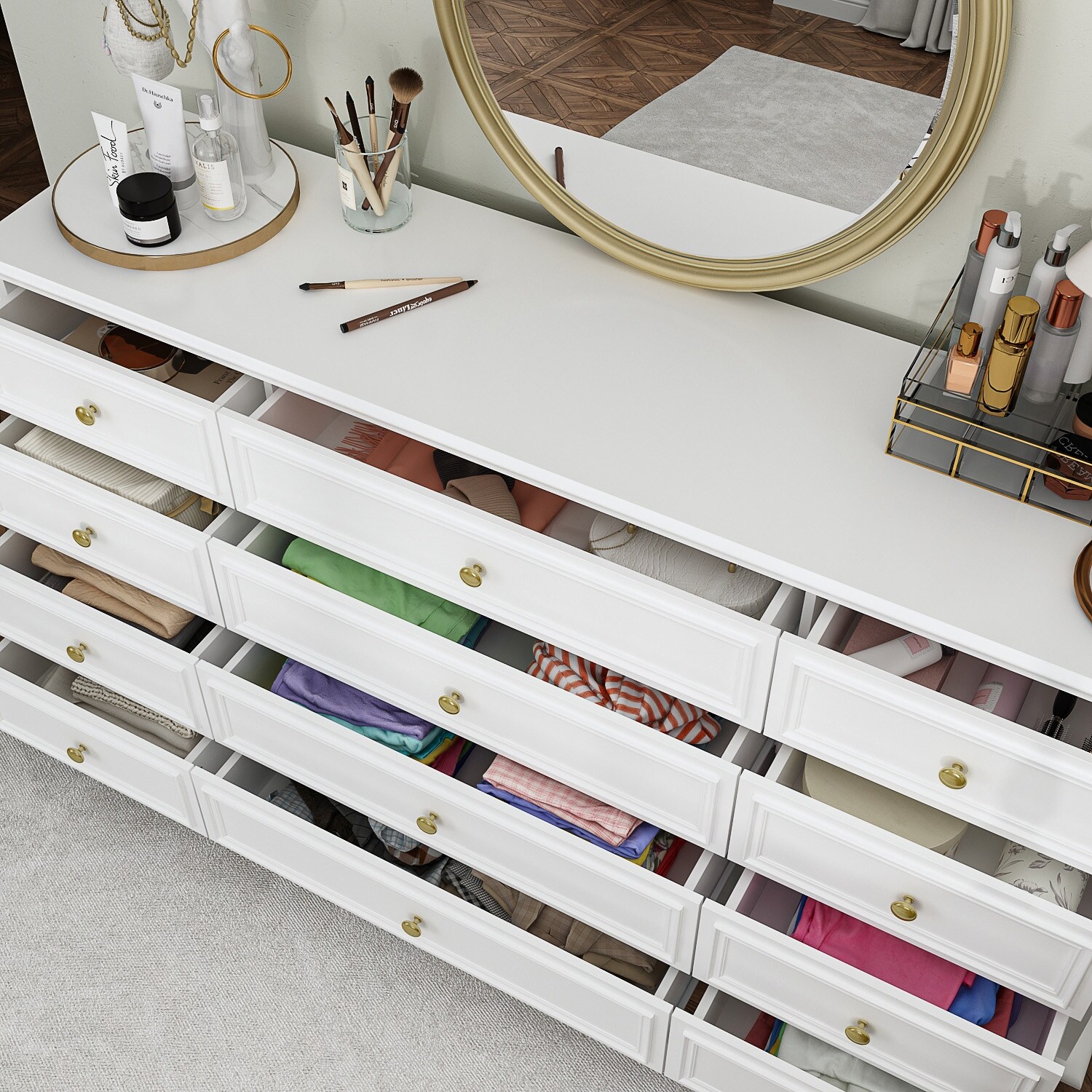 12 Drawer Closet 63'' W Dresser White Chest Srorage Cabinet
