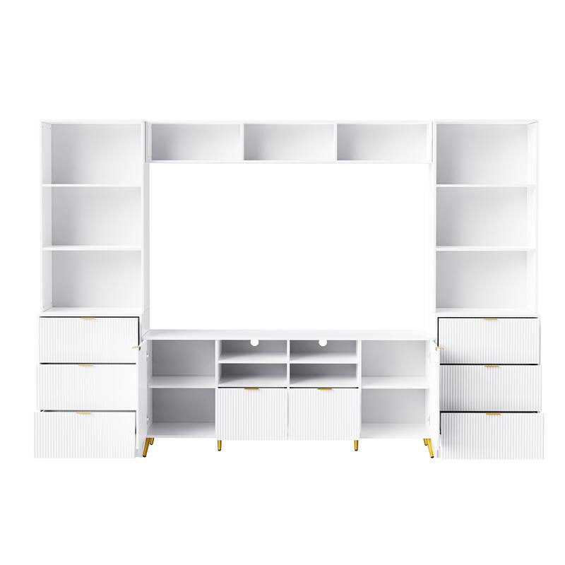 Multifunctional 4-Piece TV Wall Unit with 13 Shelves, 8 Drawers, & 2 Cabinets, Fluted Line Design, for Living Room