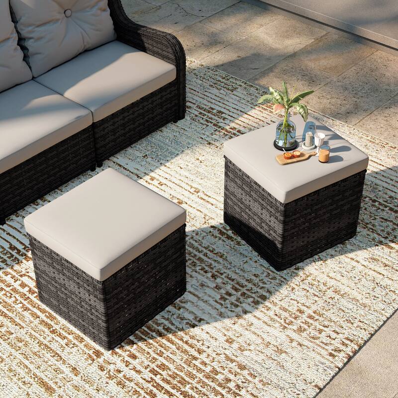 Outdoor Wicker Square Storage Ottoman with Plush Cushion(Set of 2)