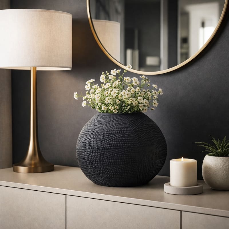 Glass Round Textured Modern Flower Vase - Black, 8"