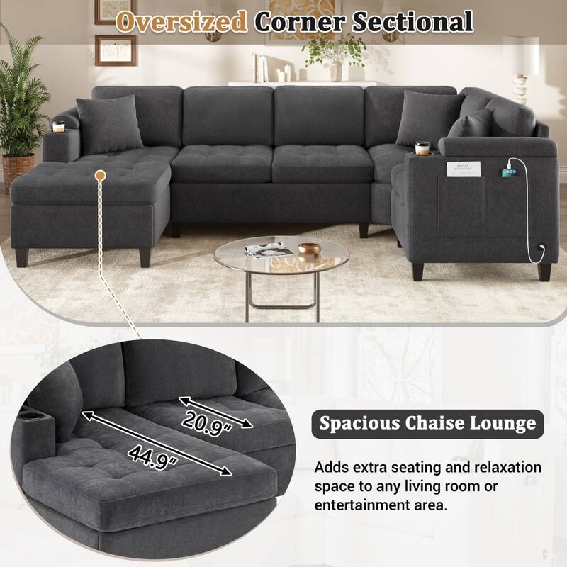 115.7" Modern Corner Oversized Sectional Sofa with Built-in Cup Holders and USB Ports