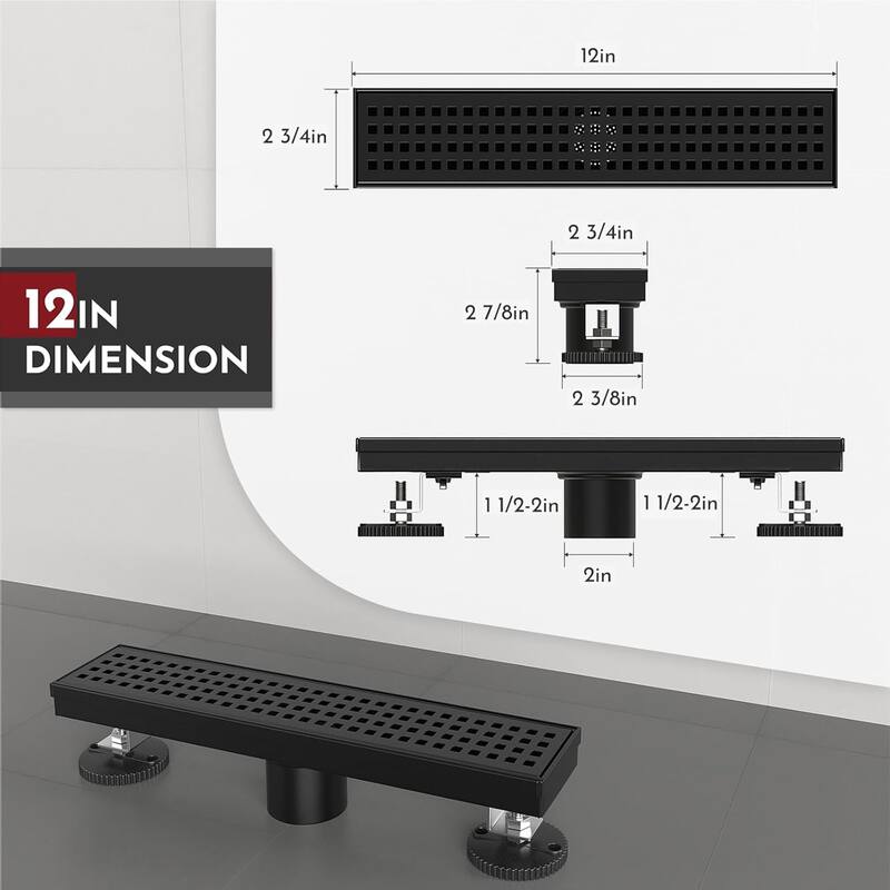 12-Inch Linear Shower Floor Drain, Square Hole Grate - 12 inch