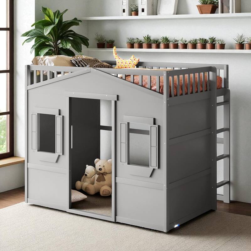 Twin/Full Size Wood Loft Bed with Ladder and Guardrails, House-Style Frame for Kids or Teens - Grey - Full